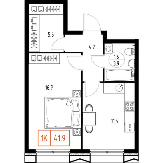 Продажа 1-комнатной квартиры 41,9 м², 5/9 этаж