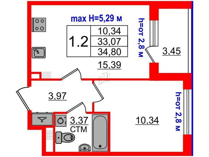 Продажа 1-комнатной квартиры 33,1 м², 4/4 этаж