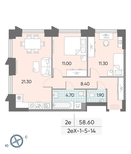 Продажа 2-комнатной квартиры 58,6 м², 13/58 этаж