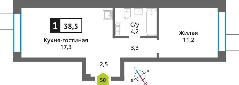 Продажа 1-комнатной квартиры 38,5 м², 8/9 этаж