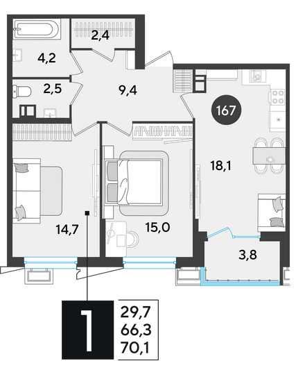 Продажа 2-комнатной квартиры 70,1 м², 3/9 этаж