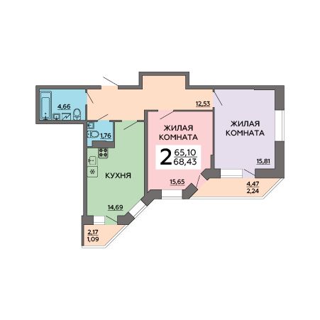 Продажа 2-комнатной квартиры 68,4 м², 13/20 этаж