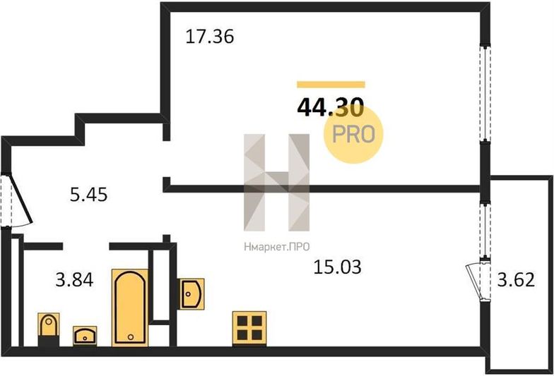 Продажа 1-комнатной квартиры 44,3 м², 20/27 этаж