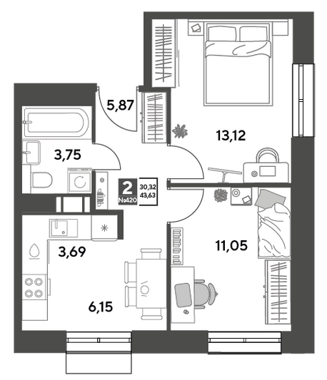 Продажа 2-комнатной квартиры 43,6 м², 8/15 этаж