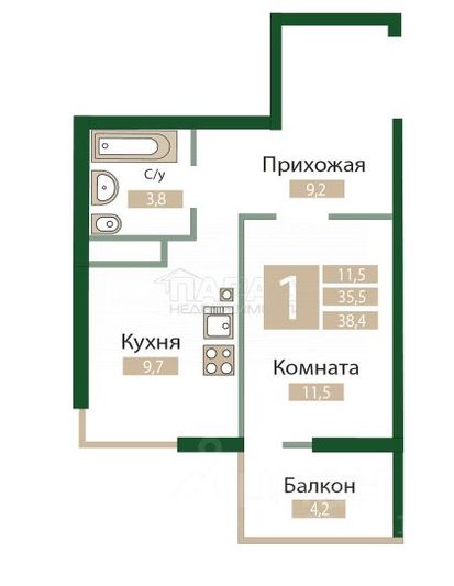 Продажа 1-комнатной квартиры 38,4 м², 7/12 этаж