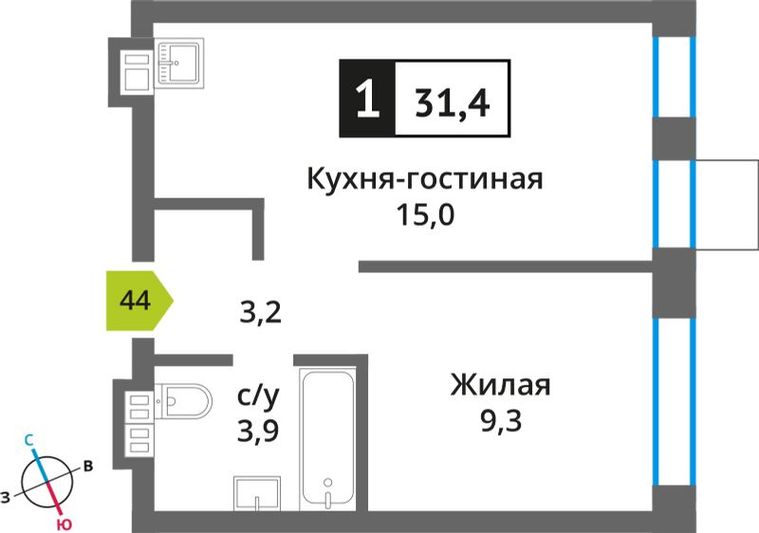 Продажа 1-комнатной квартиры 31,4 м², 6/9 этаж