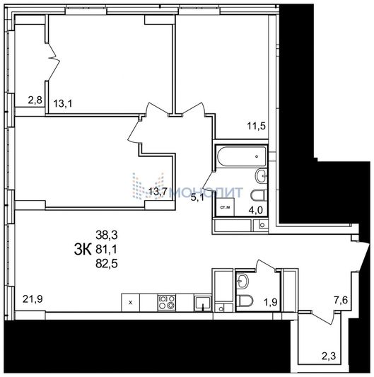 Продажа 3-комнатной квартиры 82,5 м², 24/25 этаж