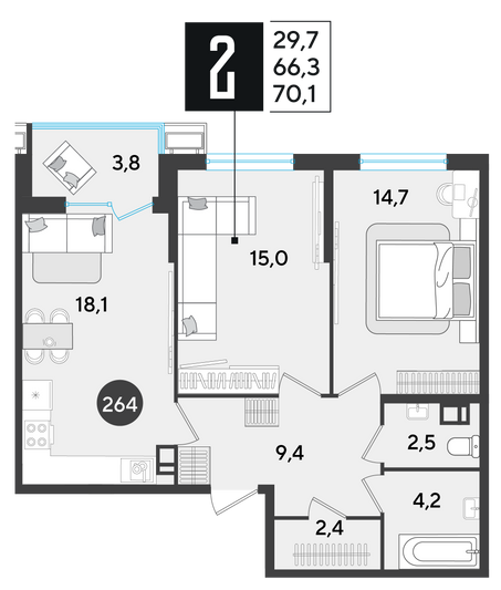 Продажа 2-комнатной квартиры 70,1 м², 5/9 этаж