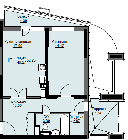 Продажа 1-комнатной квартиры 52,3 м², 9/17 этаж