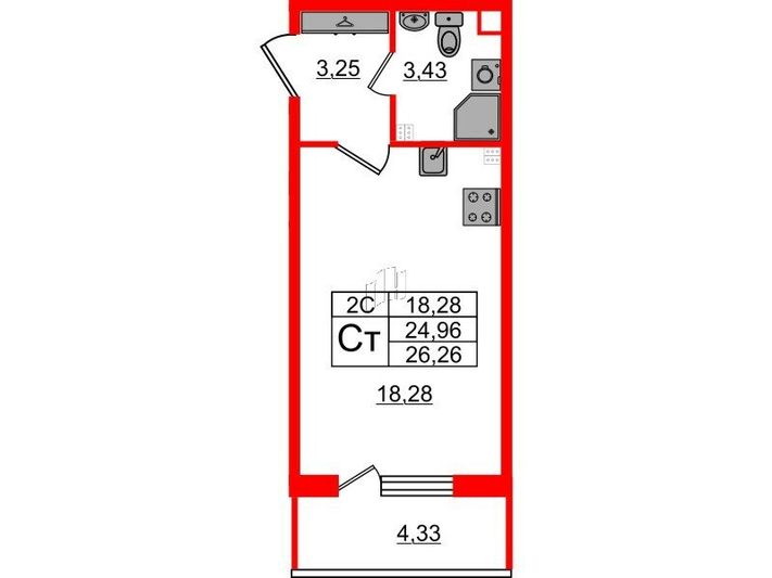 Продажа квартиры-студии 25 м², 3/5 этаж