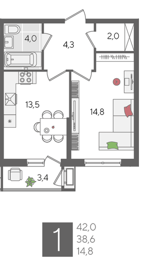 Продажа 1-комнатной квартиры 42 м², 2/24 этаж