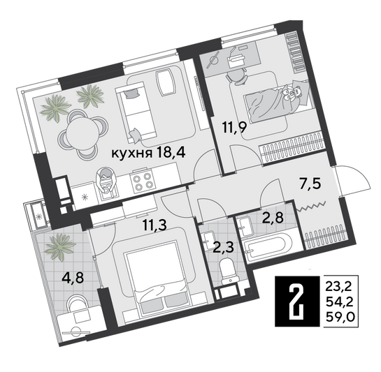 Продажа 2-комнатной квартиры 59 м², 10/18 этаж