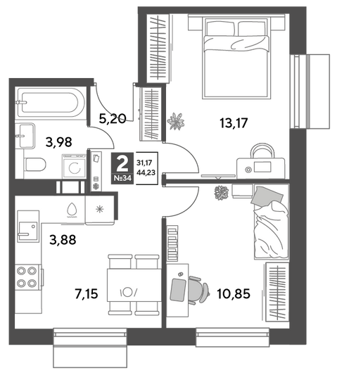 Продажа 2-комнатной квартиры 44,2 м², 6/9 этаж