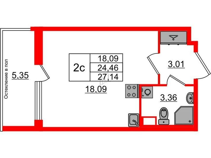 Продажа квартиры-студии 24,5 м², 1/12 этаж