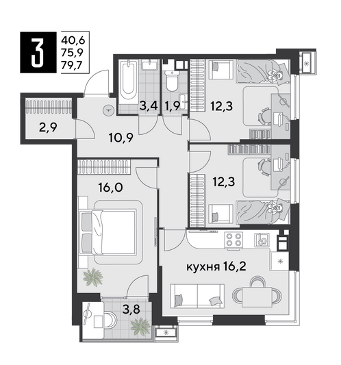 Продажа 3-комнатной квартиры 79,7 м², 7/18 этаж