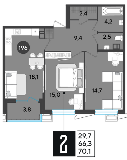 Продажа 2-комнатной квартиры 70,1 м², 7/9 этаж