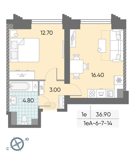 Продажа 1-комнатной квартиры 36,9 м², 9/58 этаж