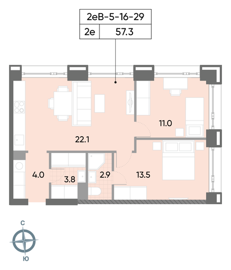 Продажа 2-комнатной квартиры 57,3 м², 18/52 этаж