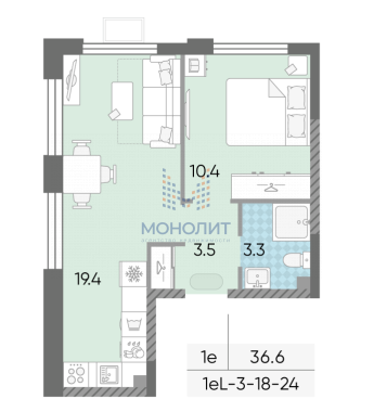 Продажа 1-комнатной квартиры 36,6 м², 3/24 этаж