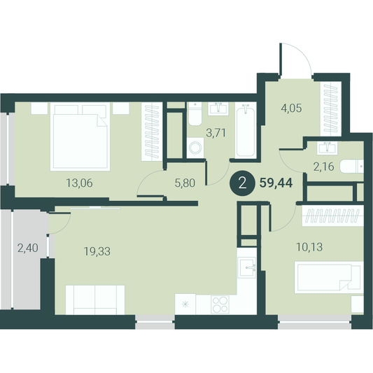 Продажа 2-комнатной квартиры 59,4 м², 12/14 этаж