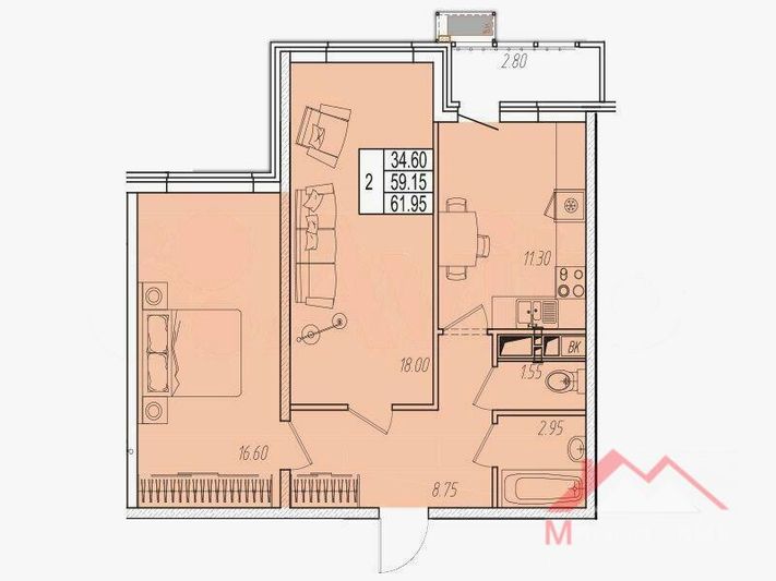 Продажа 2-комнатной квартиры 62 м², 6/14 этаж