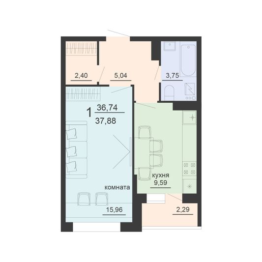 Продажа 1-комнатной квартиры 37,9 м², 12/20 этаж