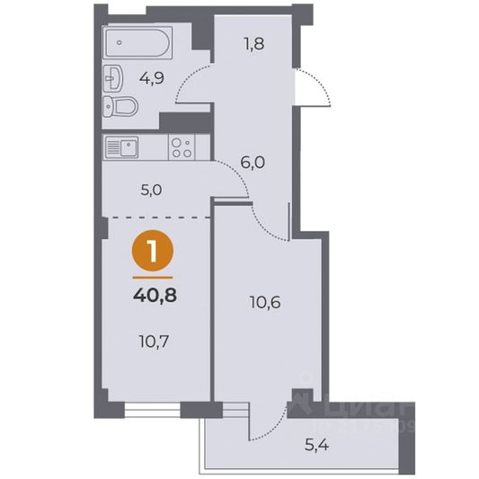 Продажа 2-комнатной квартиры 40,8 м², 9/19 этаж