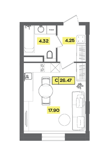 Продажа квартиры-студии 26,5 м², 2 этаж