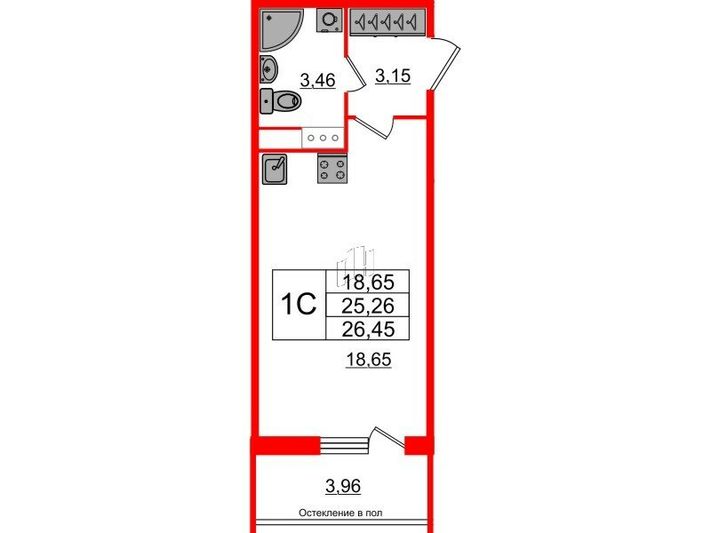 Продажа квартиры-студии 25,3 м², 8/12 этаж