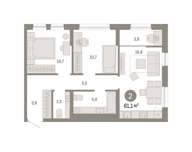 Продажа 2-комнатной квартиры 61,1 м², 9/17 этаж