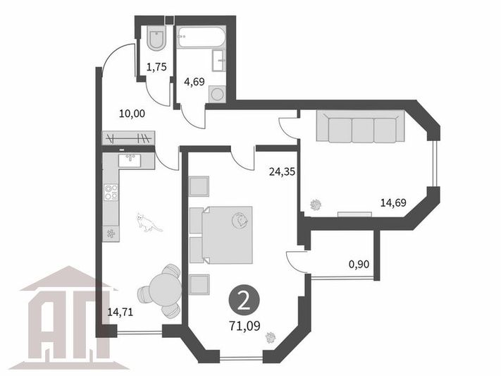 Продажа 2-комнатной квартиры 71 м², 6/17 этаж