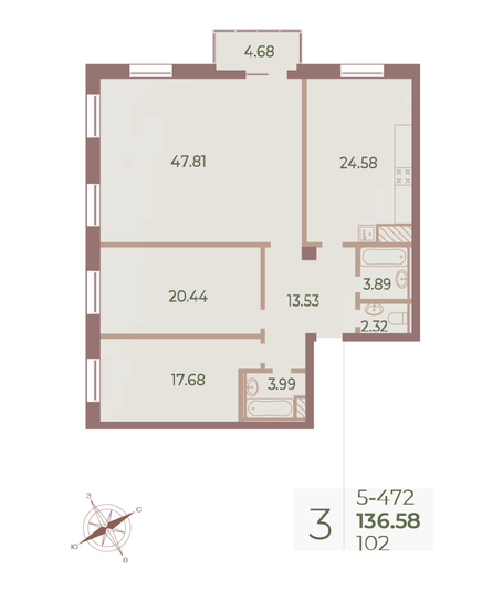 Продажа 3-комнатной квартиры 136,3 м², 7/9 этаж