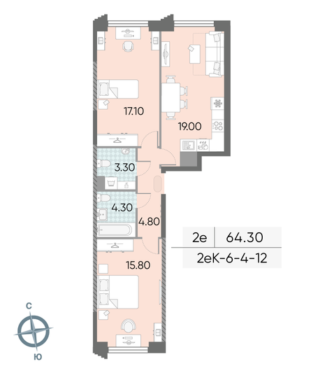 Продажа 2-комнатной квартиры 64,3 м², 12/58 этаж