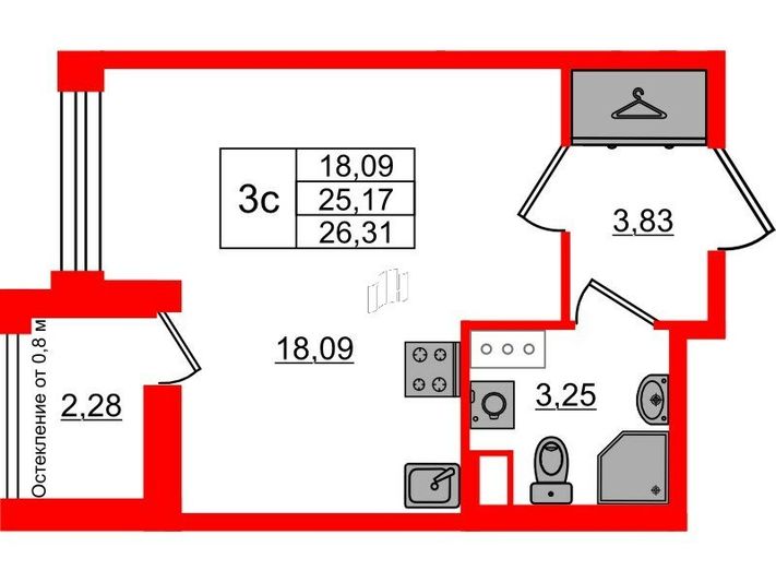 Продажа квартиры-студии 25,2 м², 2/12 этаж
