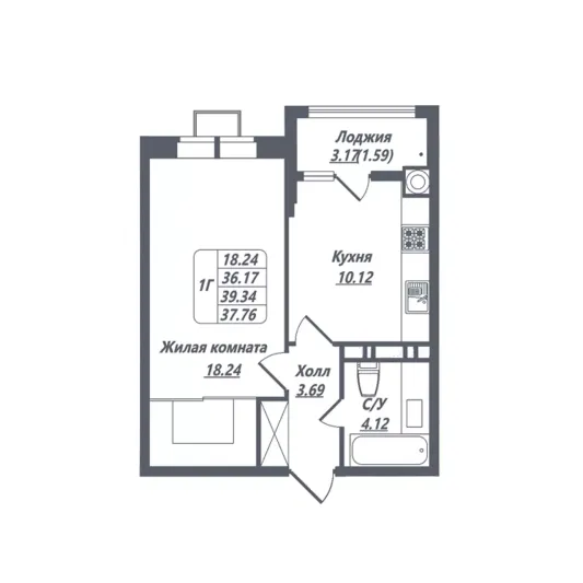 Продажа 1-комнатной квартиры 37,8 м², 3/8 этаж
