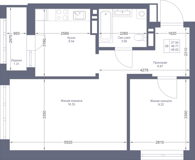 Продажа 2-комнатной квартиры 48 м², 9/22 этаж