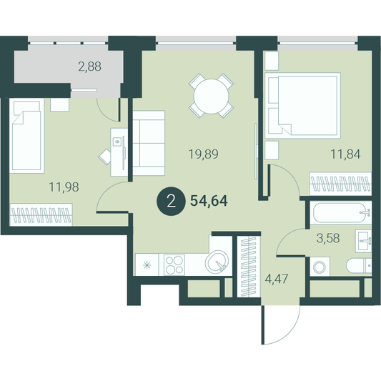 Продажа 2-комнатной квартиры 54,6 м², 11/10 этаж