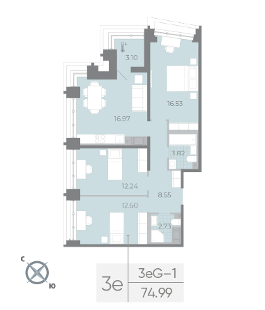 Продажа 3-комнатной квартиры 75 м², 17/17 этаж