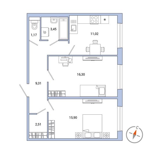 Продажа 2-комнатной квартиры 59,7 м², 1/7 этаж