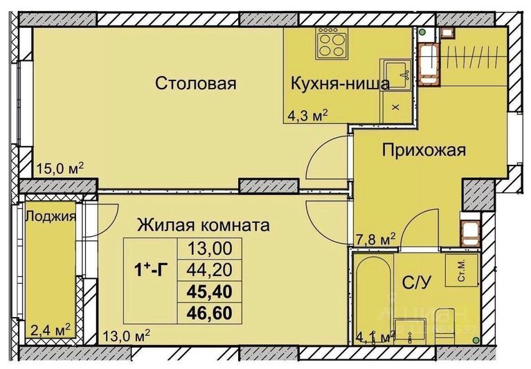Продажа 1-комнатной квартиры 44,2 м², 14/18 этаж
