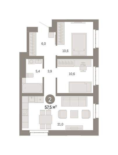 Продажа 2-комнатной квартиры 57,5 м², 22/31 этаж