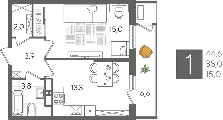 Продажа 1-комнатной квартиры 44,6 м², 24/24 этаж