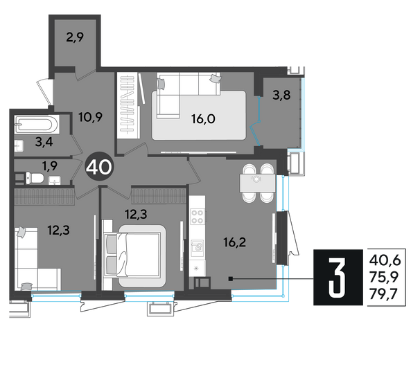 Продажа 3-комнатной квартиры 79,7 м², 6/18 этаж