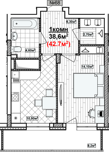 Продажа 1-комнатной квартиры 42,7 м², 15/19 этаж