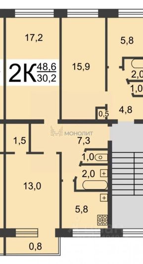 Продажа 2-комнатной квартиры 48,6 м², 5/5 этаж