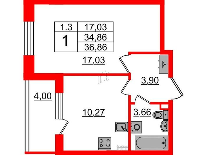 Продажа 1-комнатной квартиры 34,9 м², 3/5 этаж