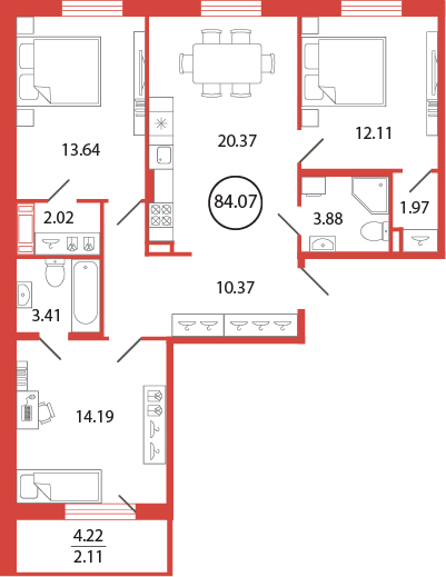 Продажа 3-комнатной квартиры 84,1 м², 9/12 этаж