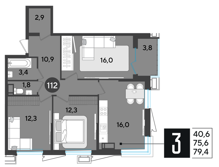 Продажа 3-комнатной квартиры 79,4 м², 14/18 этаж