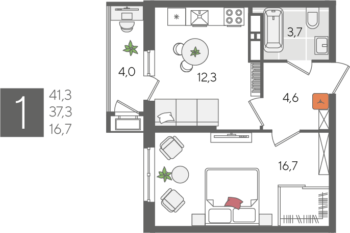 Продажа 1-комнатной квартиры 41,3 м², 18/24 этаж