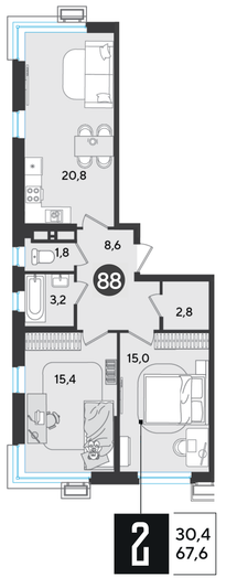 Продажа 2-комнатной квартиры 67,6 м², 11/18 этаж